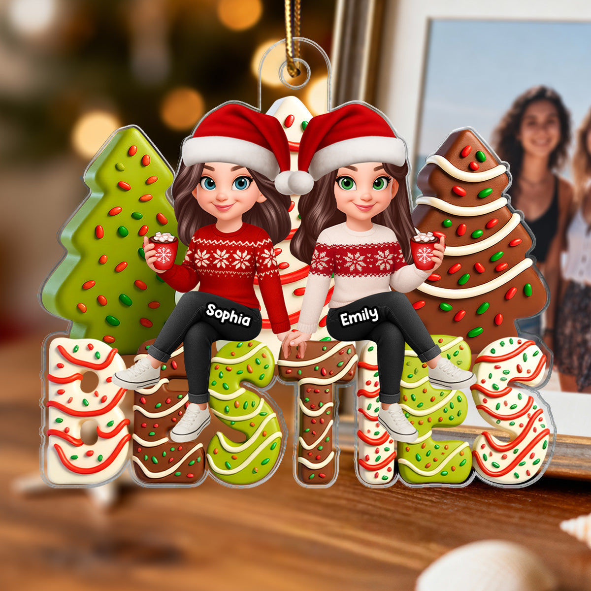 3D Effect Christmas Tree Cake Besties - Personalized Acrylic Ornament - Gift For Best Friends