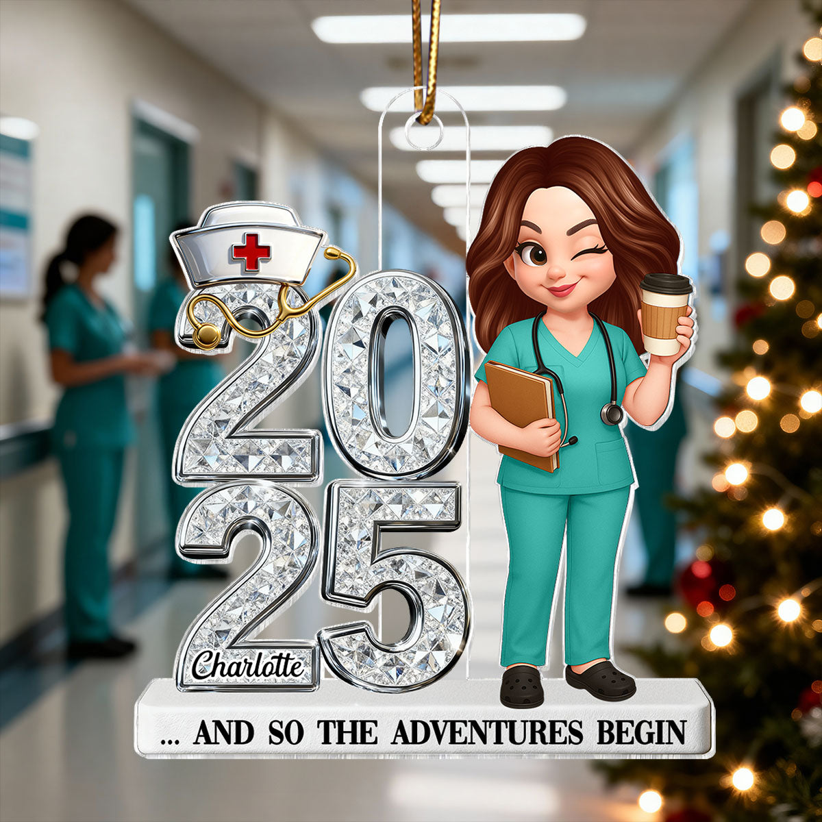 3D Shiny Effect New Nurse With Year - Personalized Acrylic Ornament - RN Gift, BSN Gift, Nursing Graduation Gift