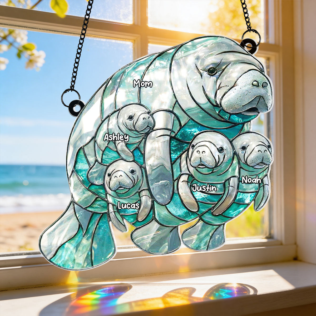 Manatee Mom and Kids - Personalized Acrylic Suncatcher - Heartfelt Mother's Day Gift for Mom, Wife