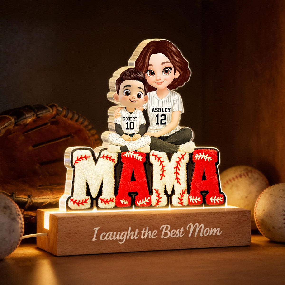 Mama Baseball And Kids - Personalized Acrylic Block LED Night Light - Heartfelt Gift For Mom, Grandma
