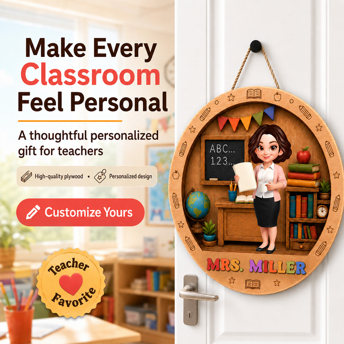 Teacher In Classroom 3D Design - Personalized 2-Layered Wood Sign - Back To School Gift For Teacher