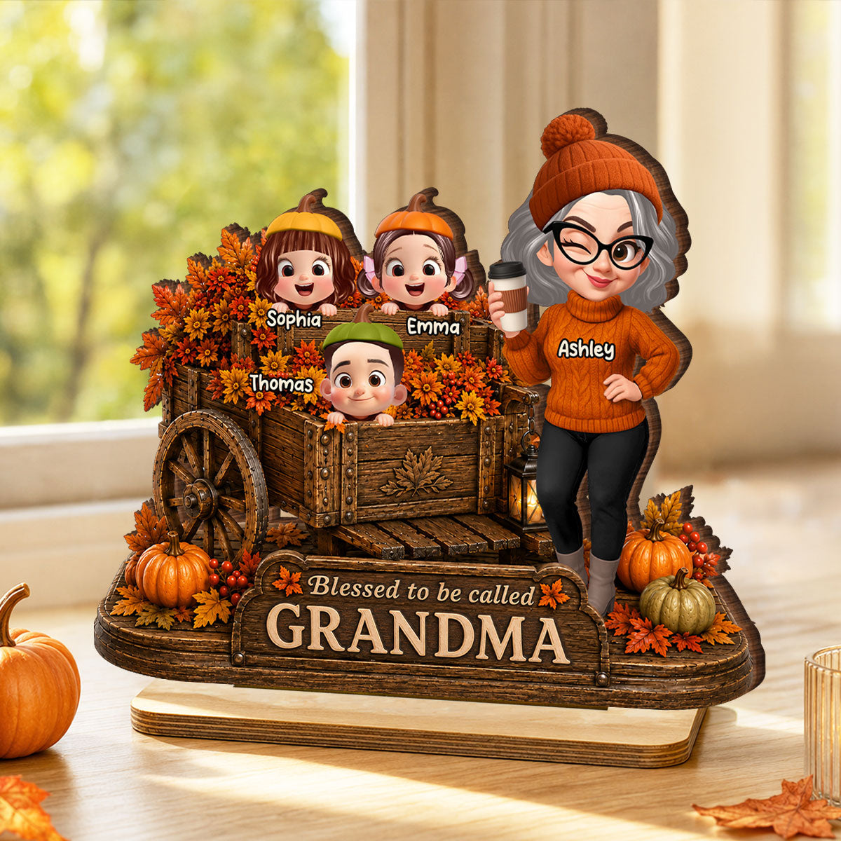 Blessed to Be Called Grandma - Personalized 2-Layered Wooden Plaque - Fall Decor for Grandma
