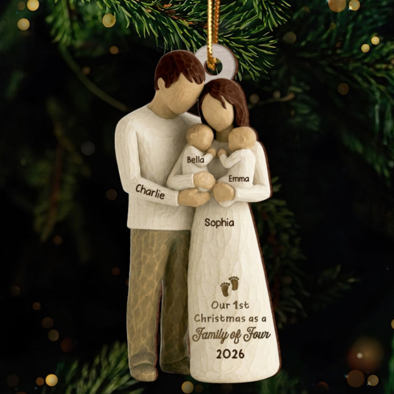 3D Effect First Christmas As Family Of Four Mom Dad & Twin Babies - Personalized Wooden Ornament