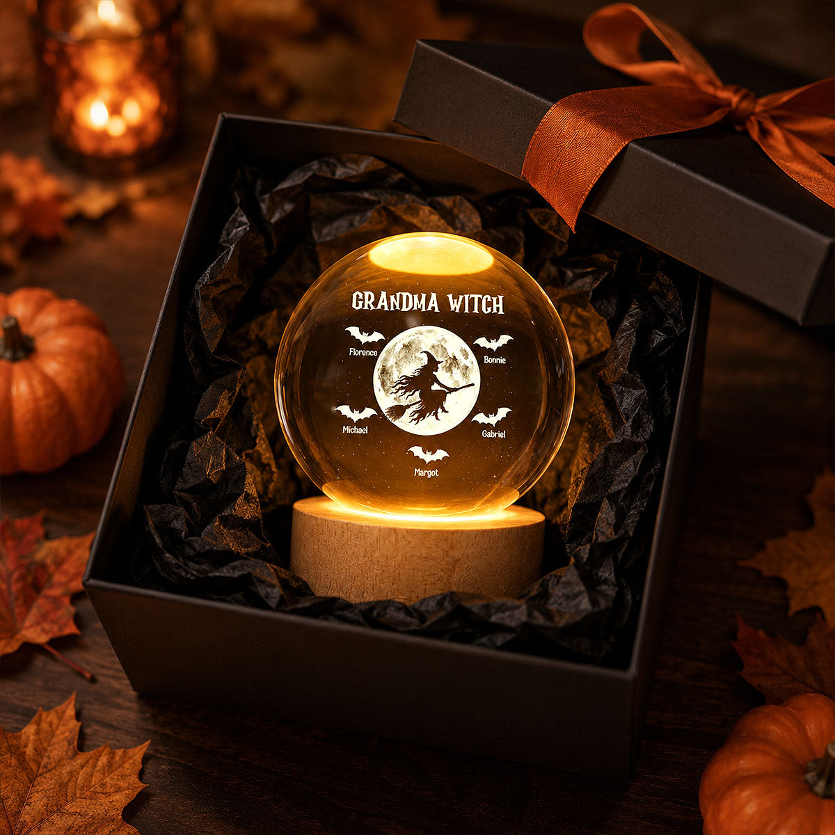 Grandma Witch With Kids Names - Personalized Crystal Ball Night Light - Halloween Gift