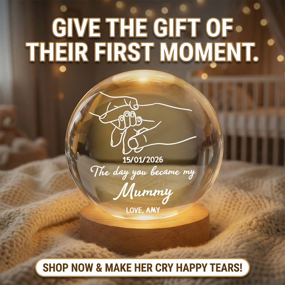 The Day You Became My Mom Mummy Holding Hand First Mother's Day - Personalized Crystal Ball LED Night Light - First Mother's Day Gift For New Mum, New Mom