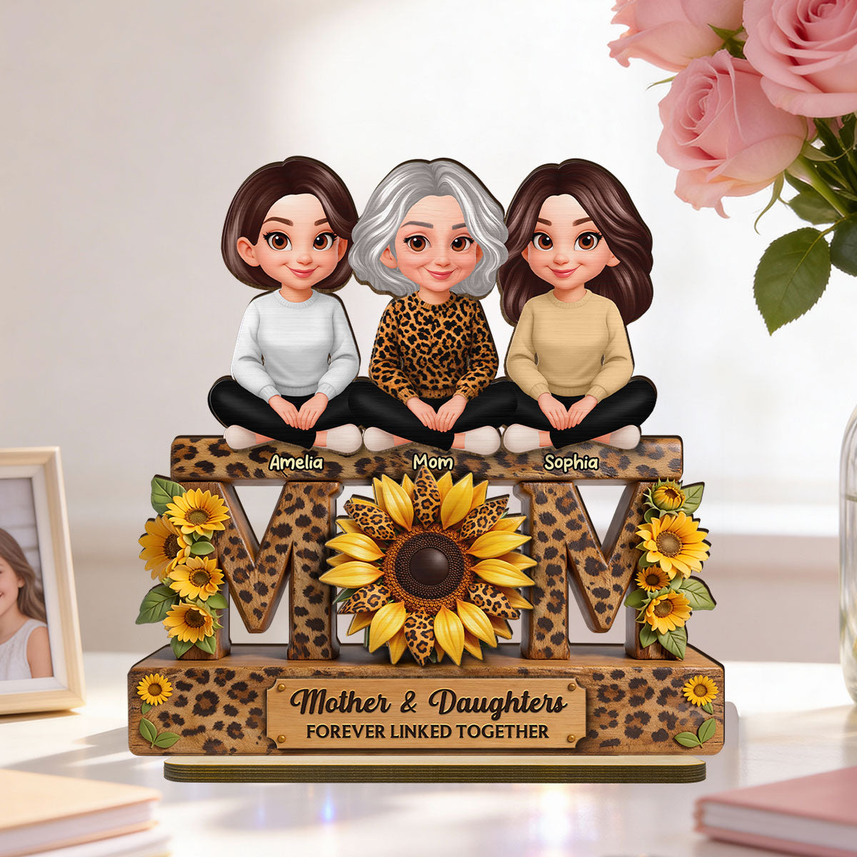 Beautiful Leopard Sunflower You Are My Sunshine MOM And Daughters Sons - Personalized 2-Layered Wooden Plaque - Gift For Mom