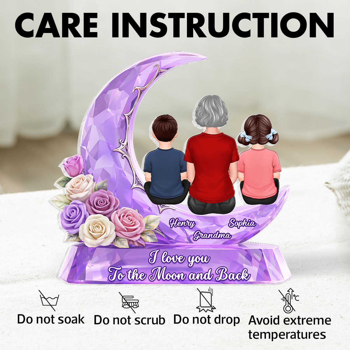 Grandma Grandkids Rose Moon I Love You To The Moon - Personalized Acrylic Block Plaque - Heartfelt Gift For Mom, Grandma
