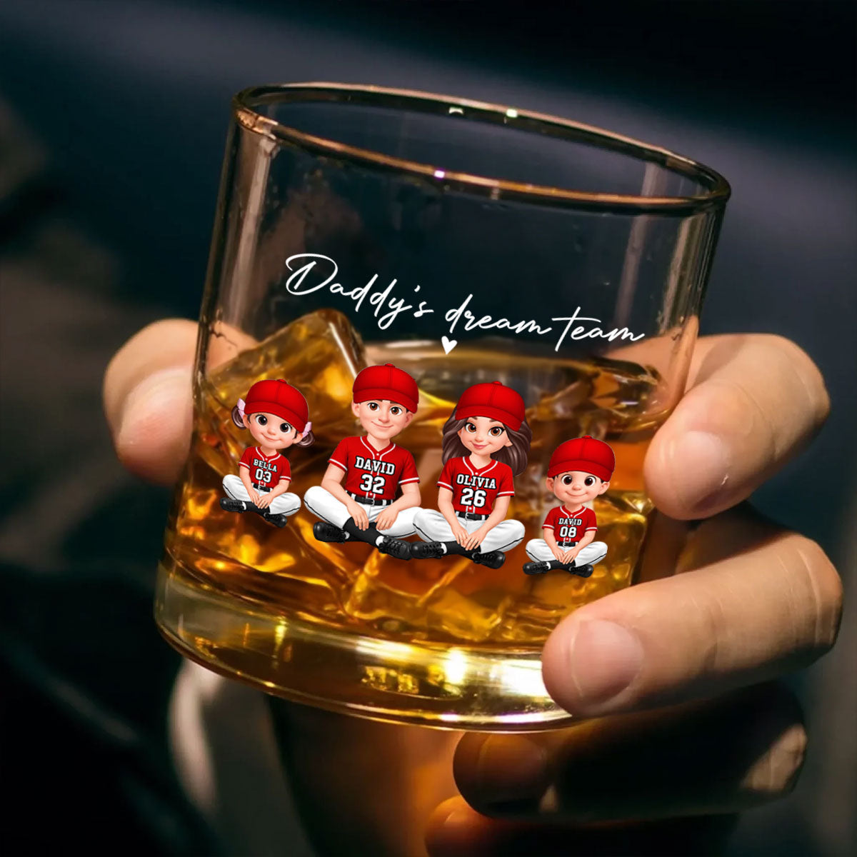 Daddy's Dream Team Baseball - Personalized Whiskey Glass - Father's Day Gift For Dad