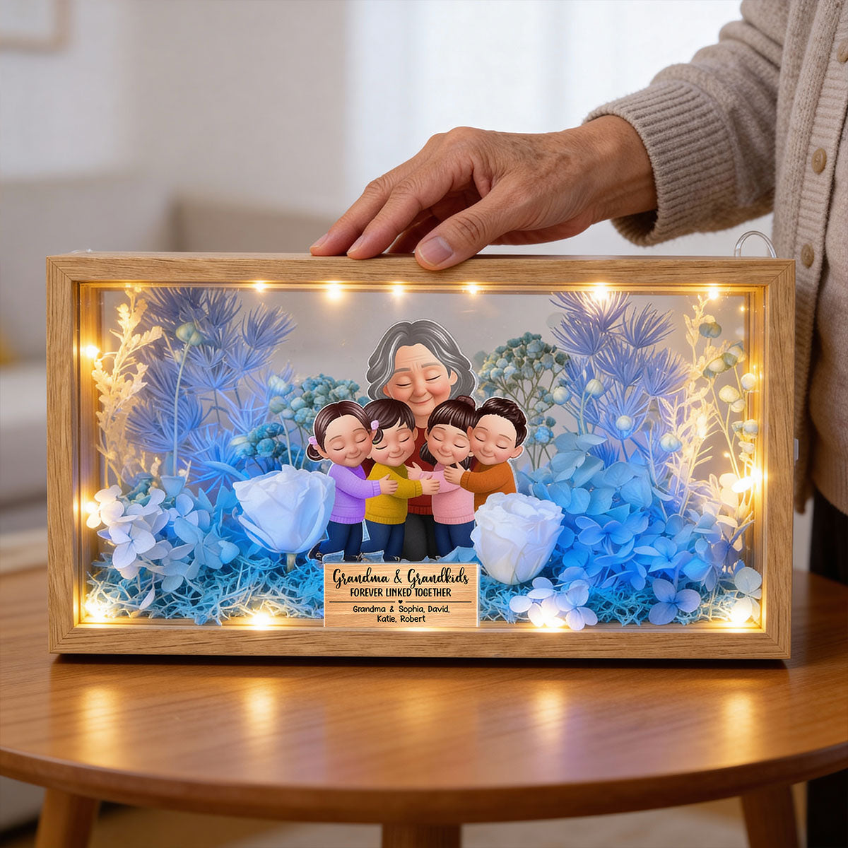 Grandma And Grandkids Forever Linked Together - Personalized DIY Flower Shadow Box LED Night Light - Gift For Grandma
