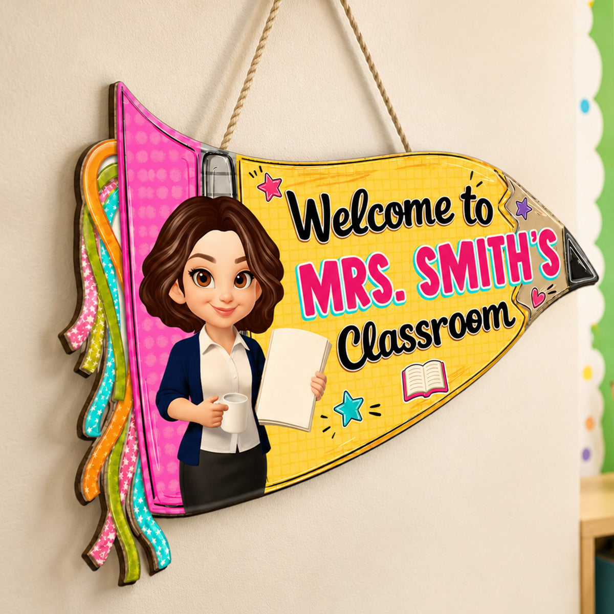 Pencil Pennant Flag Welcome To Teacher Classroom - Personalized Door Hanger