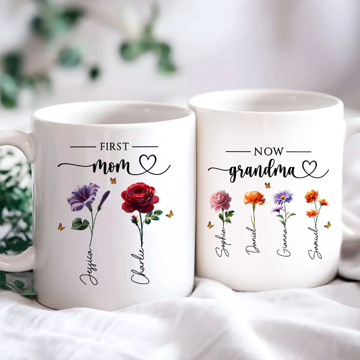 First Mom Now Grandma Birthmonth Flowers - Personalized Mug - Heartfelt Gift For Grandma