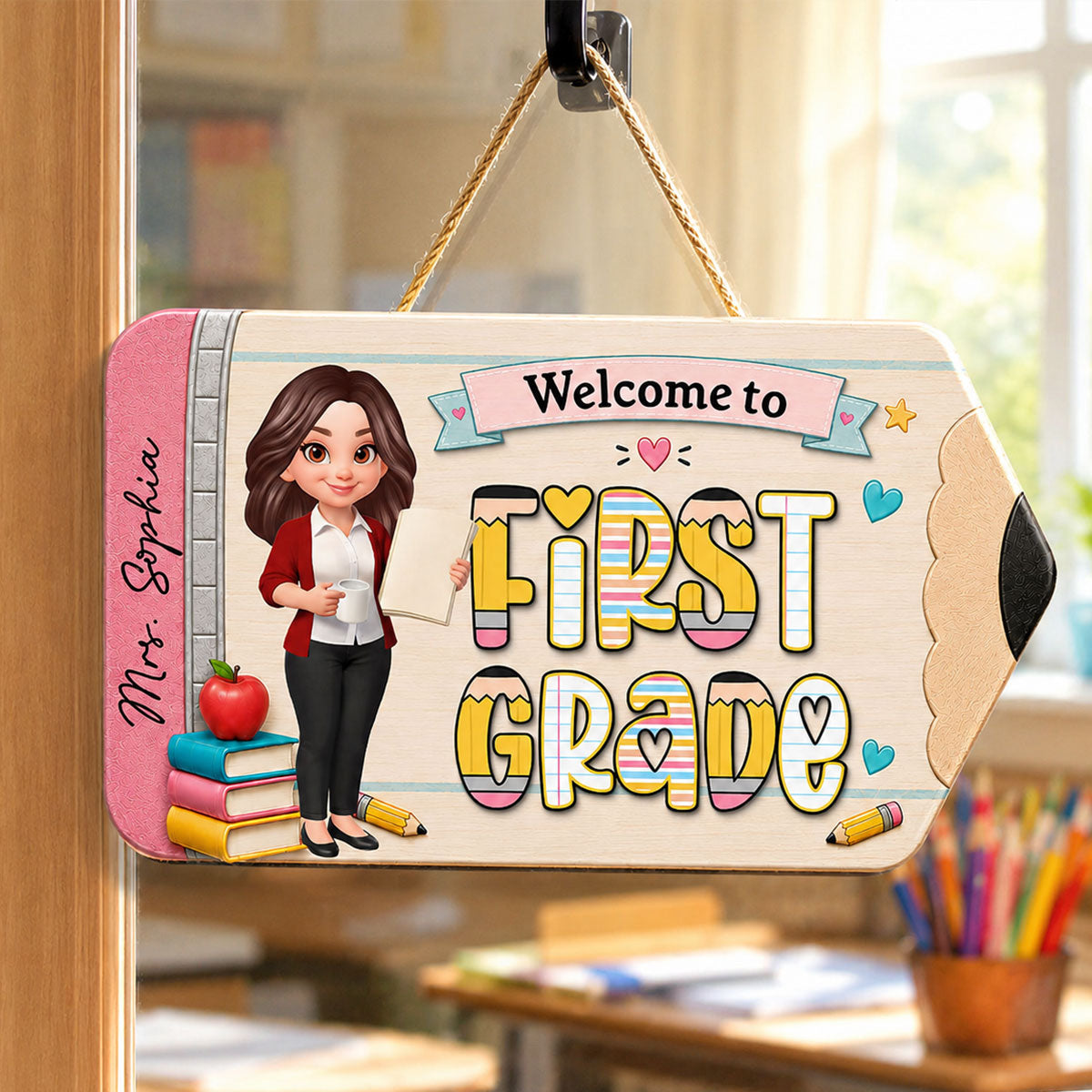 Trending First Grade With Teacher Welcome To Classroom - Personalized Wood Sign - Back To School, Classroom Decor