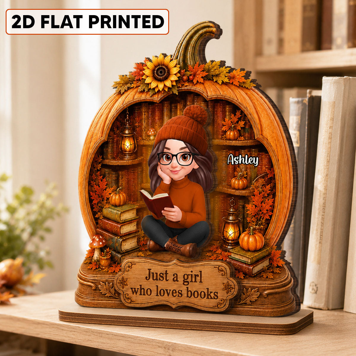Fall Season Pumpkin Just A Woman Who Loves Books - Personalized 2-Layered Wooden Plaque - Fall Gift For Book Lovers