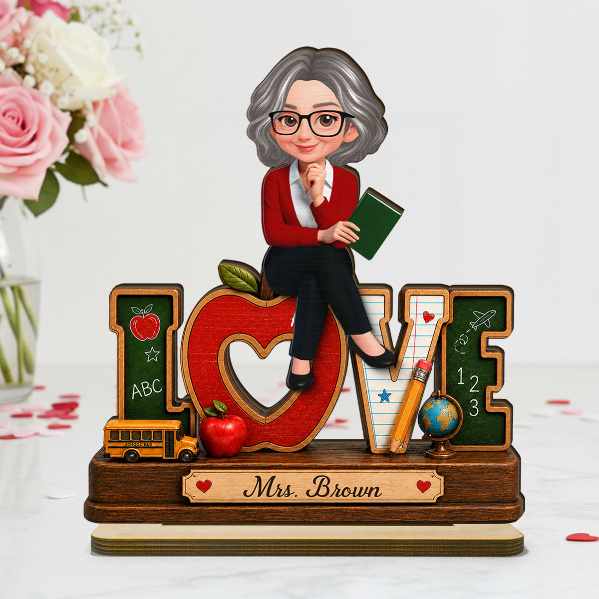 Love Pretty Teacher - Personalized 2-Layered Wooden Plaque - Back To School Gift For Teacher, Office Decor
