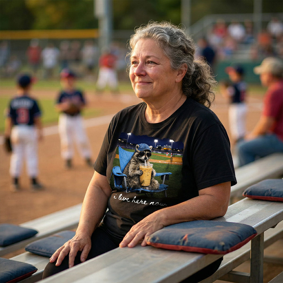 I Live Here Now Raccoon Goose On Ballfield - Personalized Double Sided Shirt - Baseball Softball Grandma Mom