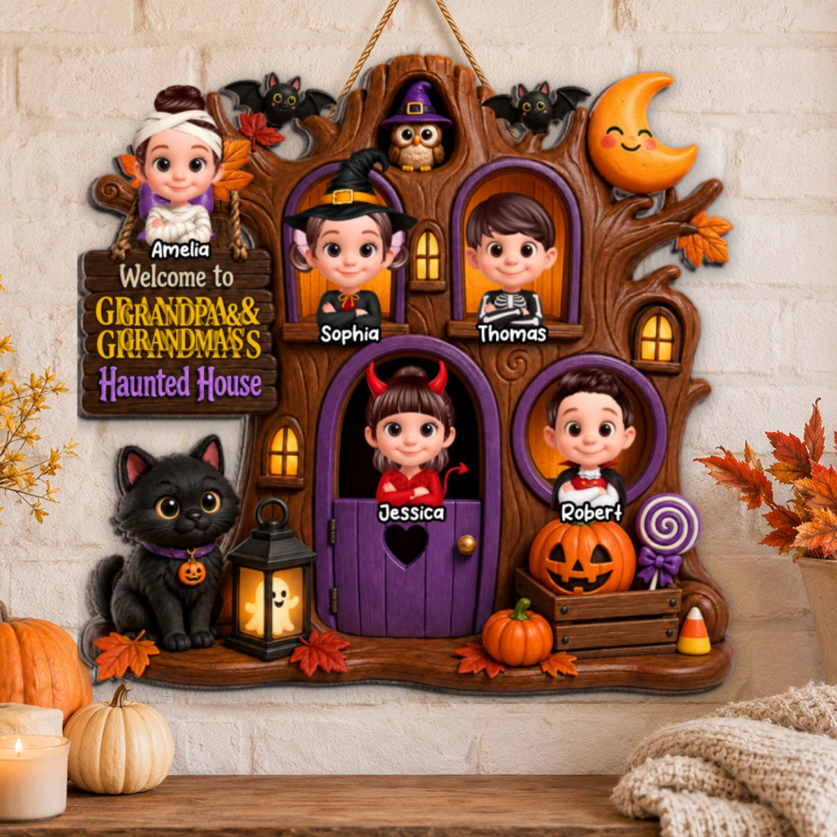 Cute Kids Welcome To Grandma Grandpa Haunted House - Personalized Wood Sign - Halloween Decoration For Grandparents