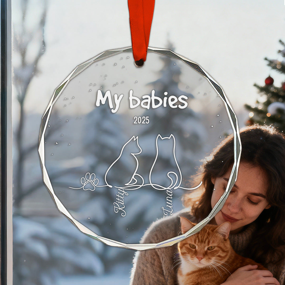My Babies Cat Line Art - Personalized Glass Ornament - Christmas Ornament For Cat Lovers