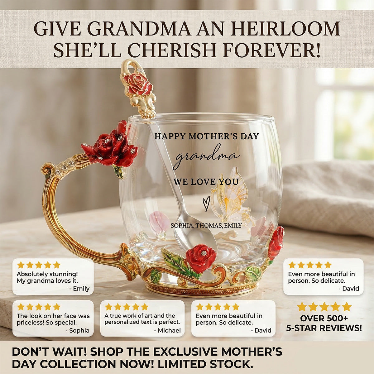 Good Morning Happy Mother's Day Grandma Mom - Personalized Enamel Flower Tea Cup - Gift For Grandma, Mom