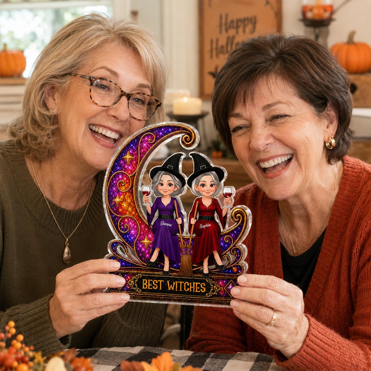 Pretty Witches Sitting On Moon Sparkle 2D Flat - Personalized Acrylic Block - Halloween Decoration