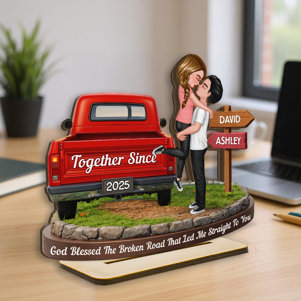 God Blessed The Broken Road - Personalized Standing Wooden Plaque - Gift for Couple