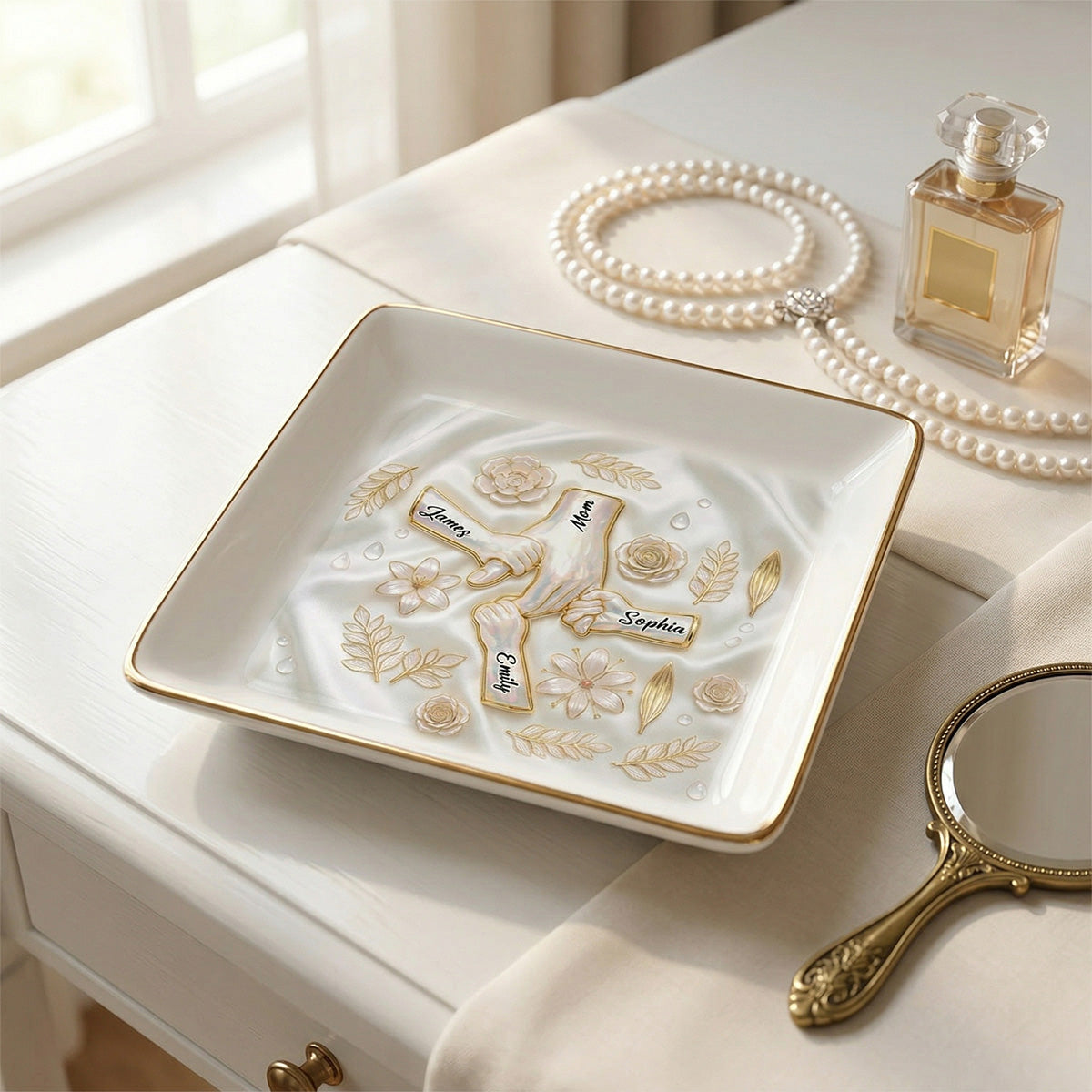Kids Holding Mom Grandma Hand 2D Printed - Personalized Jewelry Dish - Mother's Day Gift For Mom, Grandma