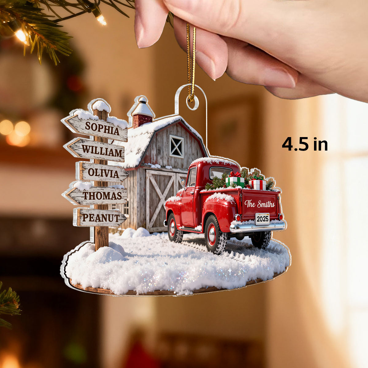 3D Effect Nostalgia Christmas Truck Barn House Family Sign Posts Custom Names - Personalized Acrylic Ornament - Gift For Family, Farmhouse Decor