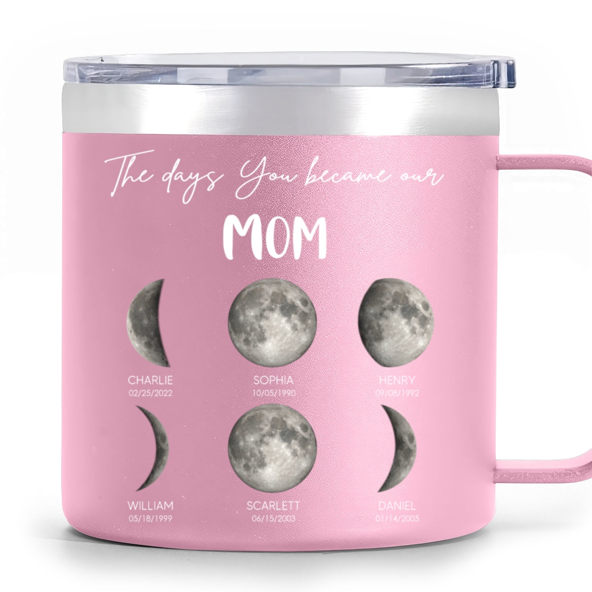 The Days You Became Our Mom Grandma Custom Birth Moon Phase - Personalized Tumbler With Handle - Mother's Day Gift For Mom, Grandma