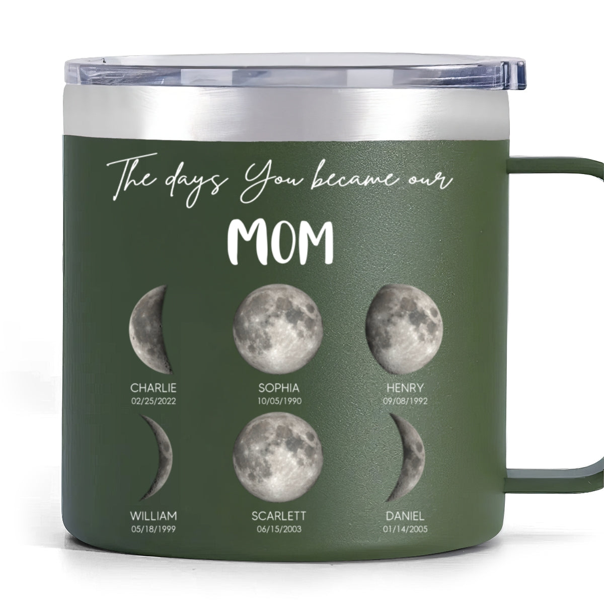 The Days You Became Our Mom Grandma Custom Birth Moon Phase - Personalized Tumbler With Handle - Mother's Day Gift For Mom, Grandma