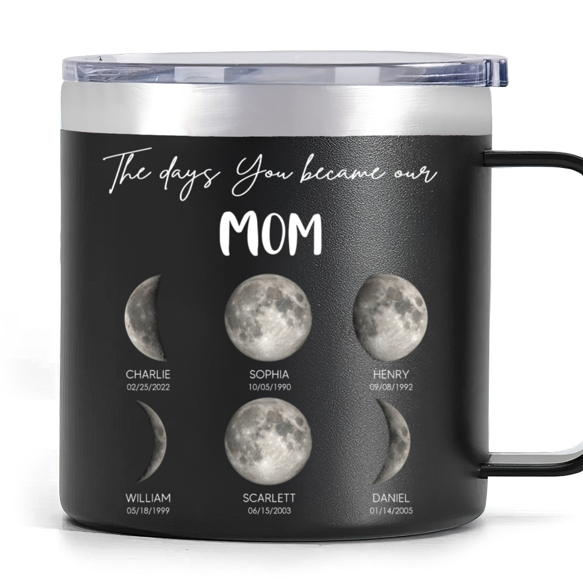 The Days You Became Our Mom Grandma Custom Birth Moon Phase - Personalized Tumbler With Handle - Mother's Day Gift For Mom, Grandma