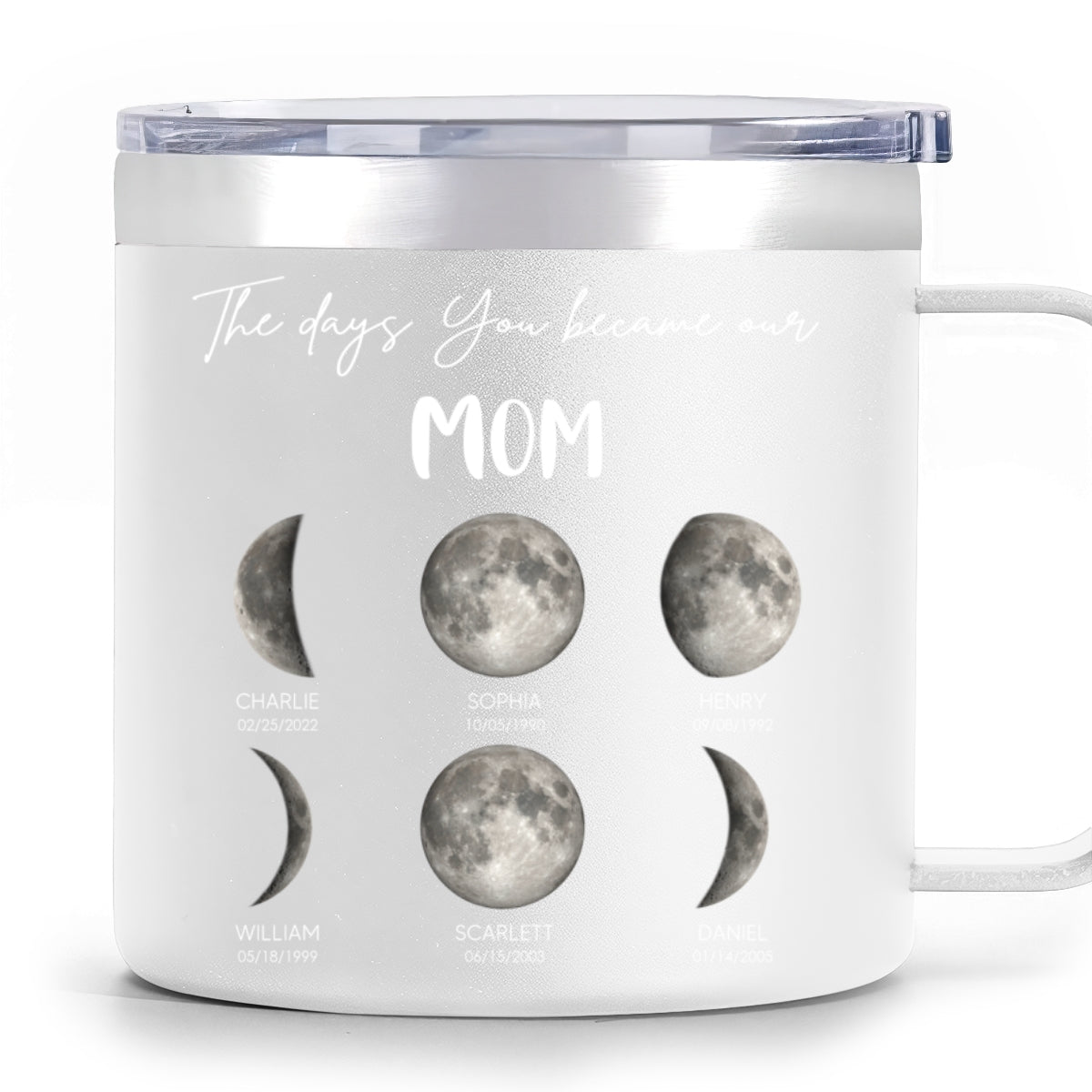 The Days You Became Our Mom Grandma Custom Birth Moon Phase - Personalized Tumbler With Handle - Mother's Day Gift For Mom, Grandma