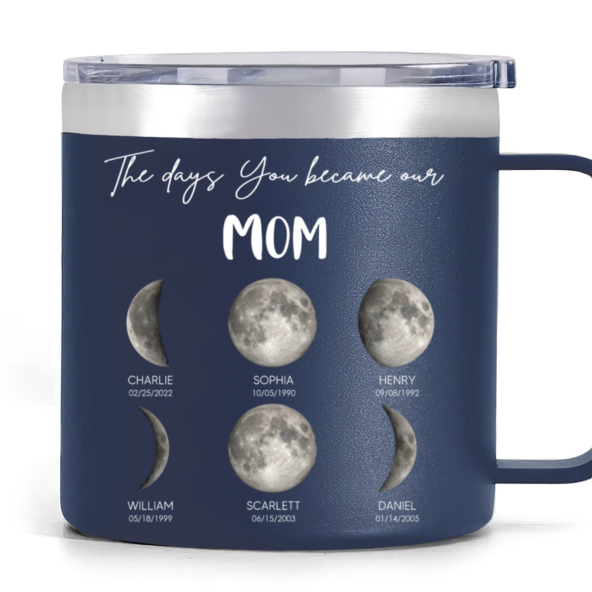 The Days You Became Our Mom Grandma Custom Birth Moon Phase - Personalized Tumbler With Handle - Mother's Day Gift For Mom, Grandma