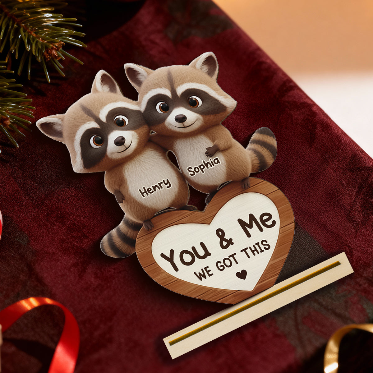 Raccoon Couple Annoying Each Other - Personalized Standing Wooden Plaque - Gift for Couple, Gift for him, Gift for her