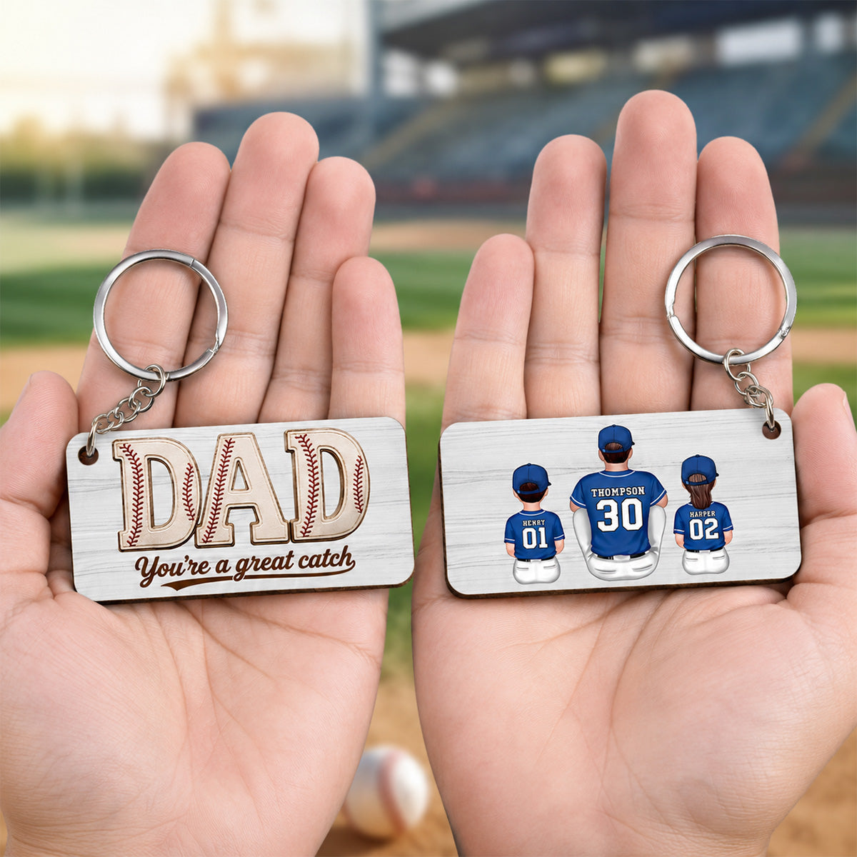 Dad We Love You Baseball Man & Kids Sitting - Personalized Wooden Keychain - Father's Day Gift For Basketball Dad
