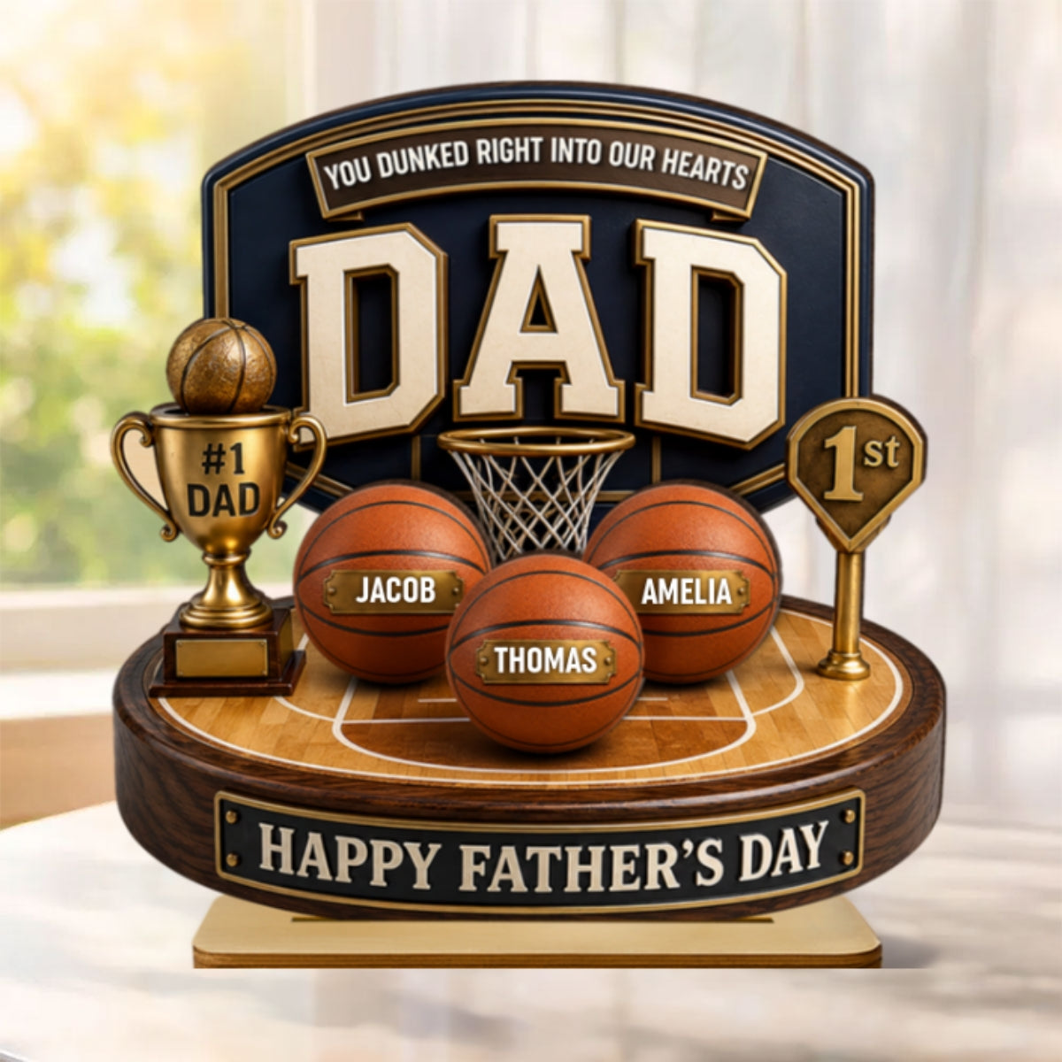 Basketball Trophy You Dunked Right Into Our Hearts - Personalized 2-Layered Wooden Plaque -  Gift For Dad, Husband