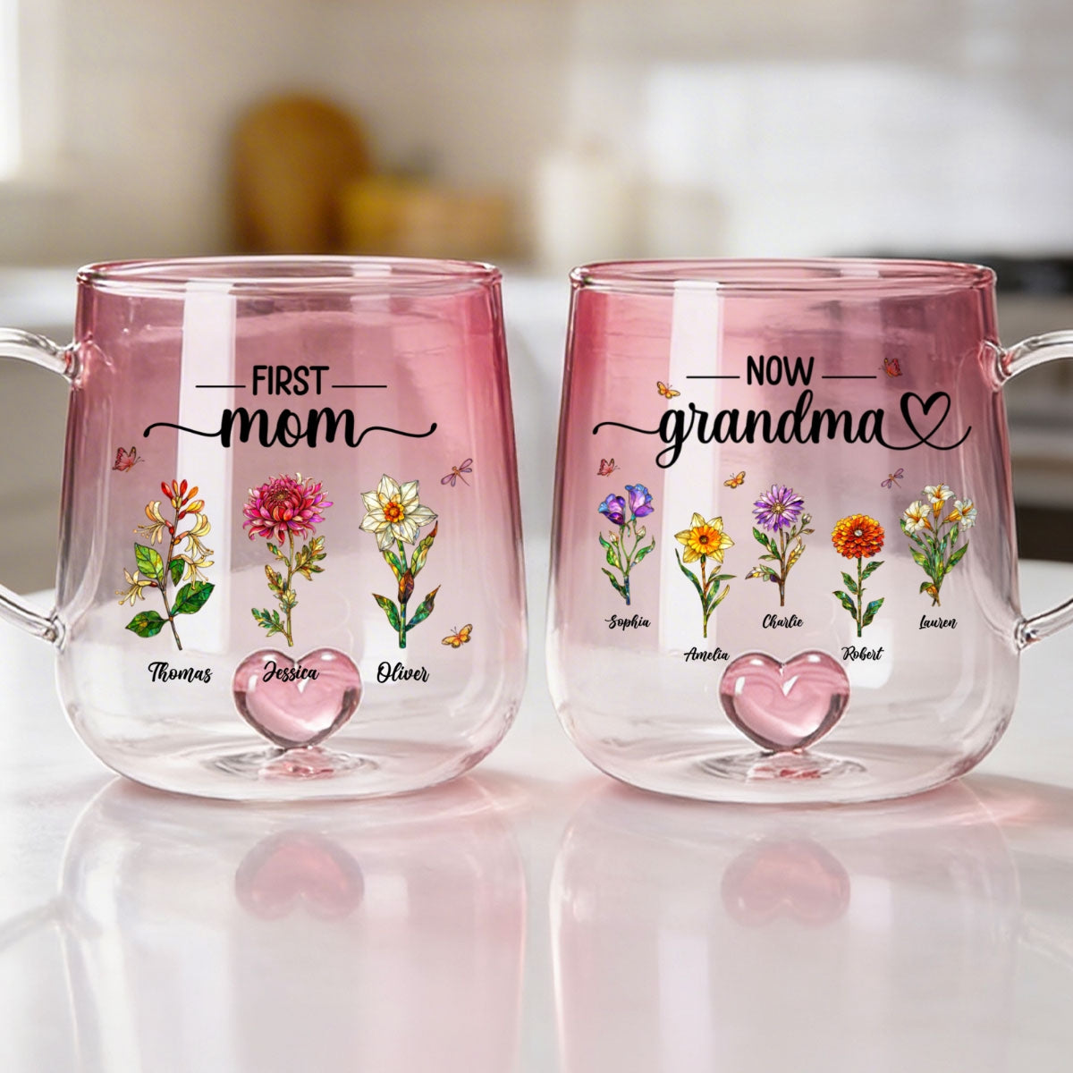 First Mom Now Grandma Custom Birth Flowers - Personalized Glass Mug - Mother's Day Gift for Mom, Grandma