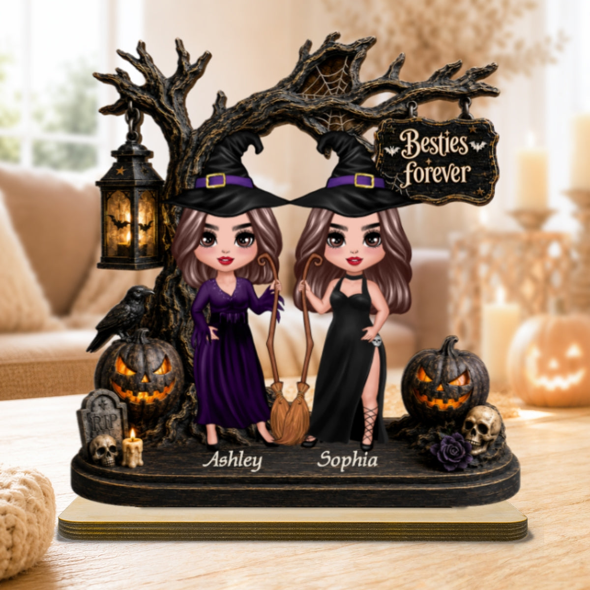 Witch Besties Spooky Halloween Tree 2D Flat - Personalized 2-Layer Wooden Plaque - Tabletop Tier Tray Wicca Pagan Decor