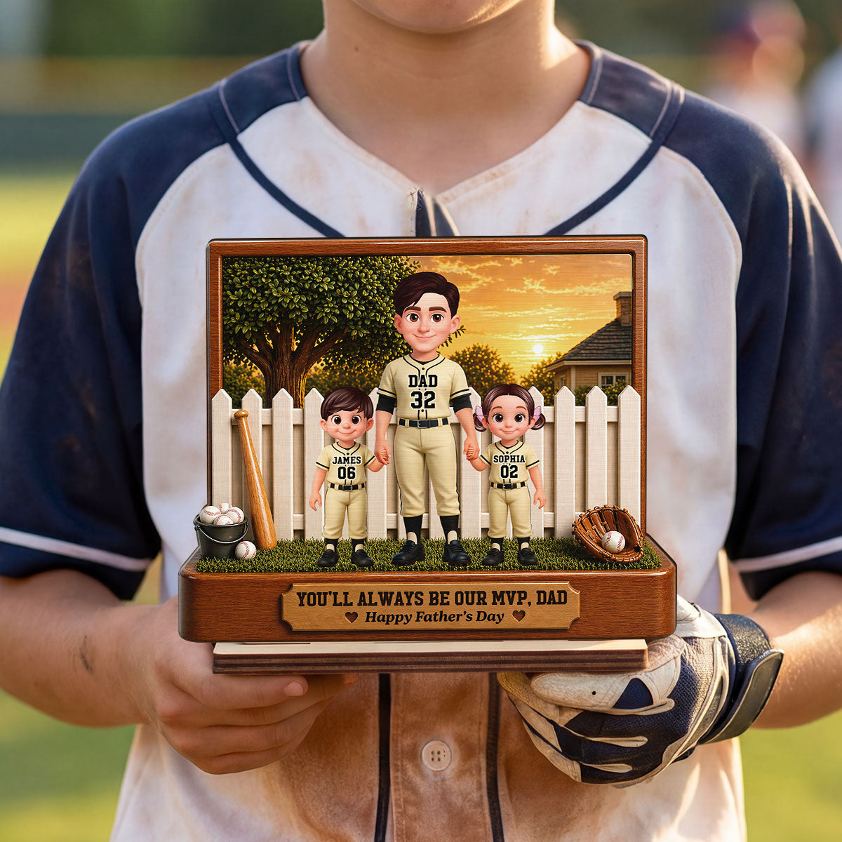 Baseball Dad And Kids Backyard We Caught The Best Dad - Personalized 2-Layered Wooden Plaque -  Gift For Dad