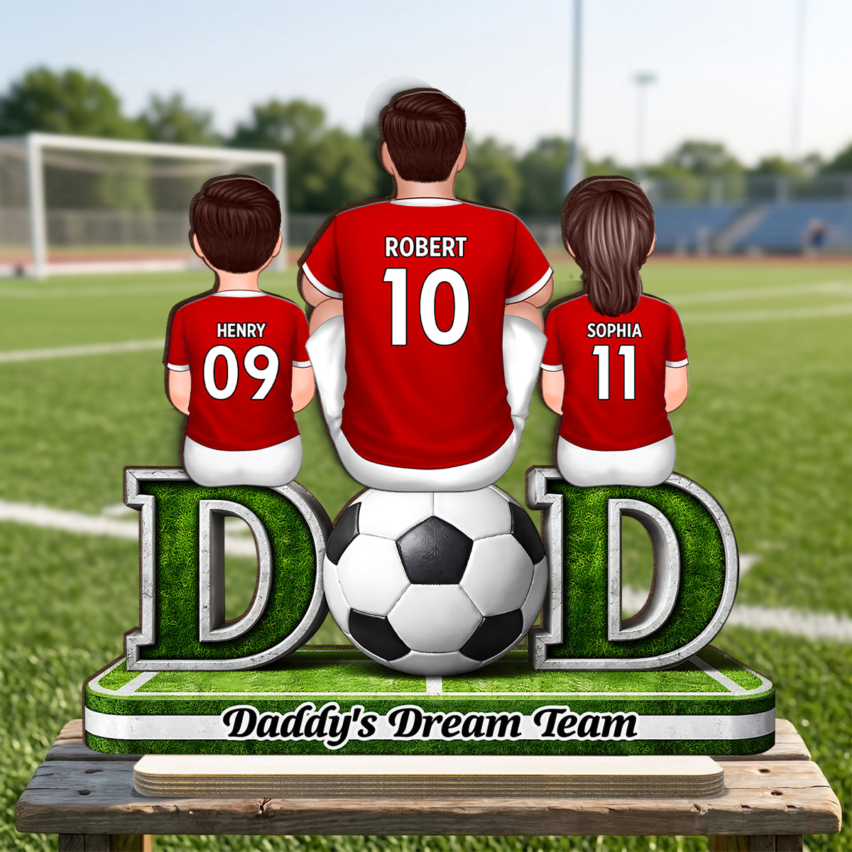 Soccer Dad And Kids Sitting Together - Personalized 2-Layered Wooden Plaque - Heartfelt Gift For Soccer Dad, Gift For Husband