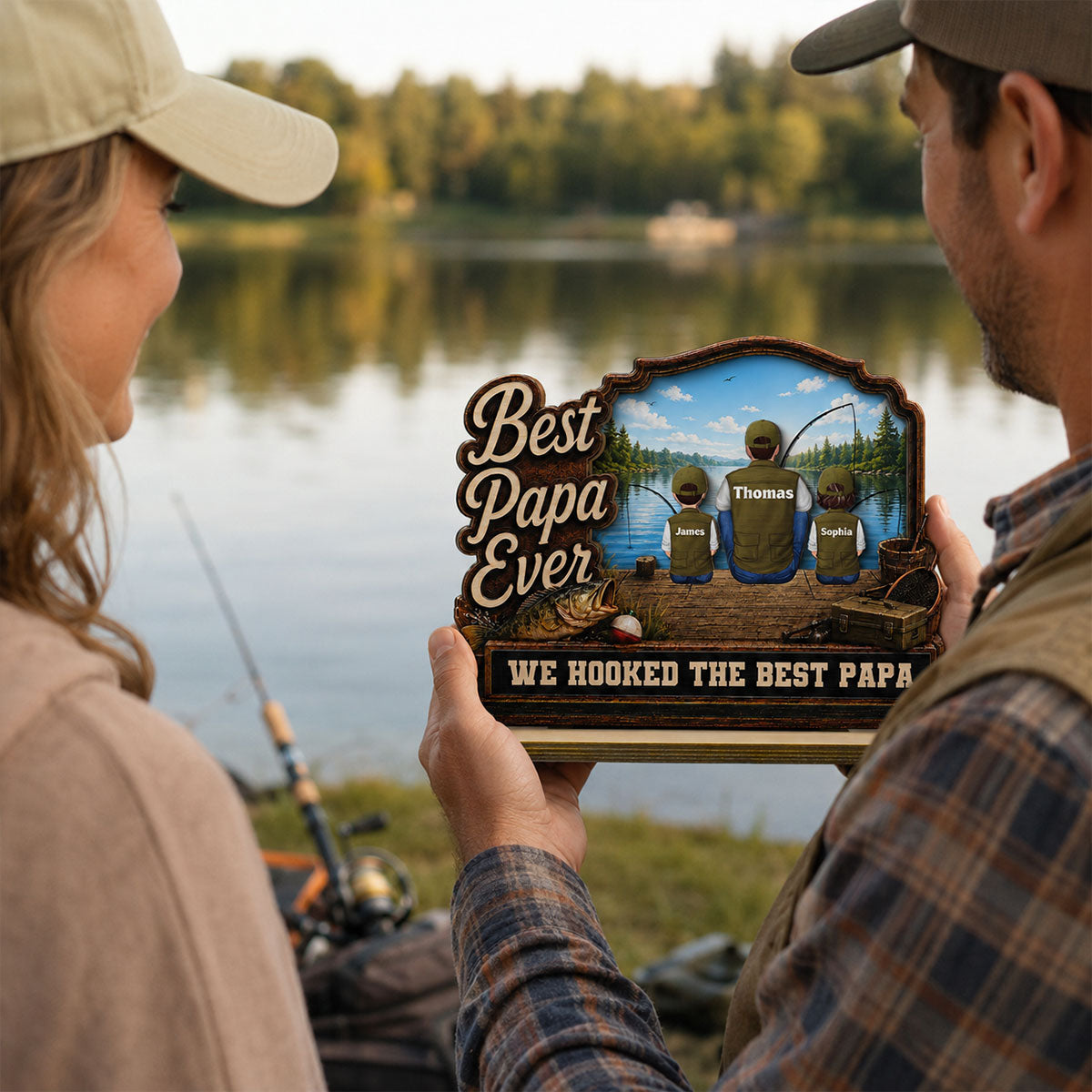 We Hooked The Best Dad Papa Fishing Man & Kids Back View 2D Flat - Personalized 2-Layered Wooden Plaque -  Gift For Hunting Dad, Grandpa