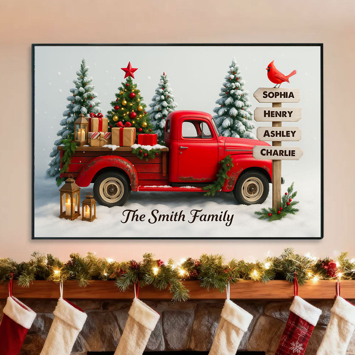 Red Christmas Truck Custom Family Name Sign Post - Personalized Poster - Christmas Gift for Family