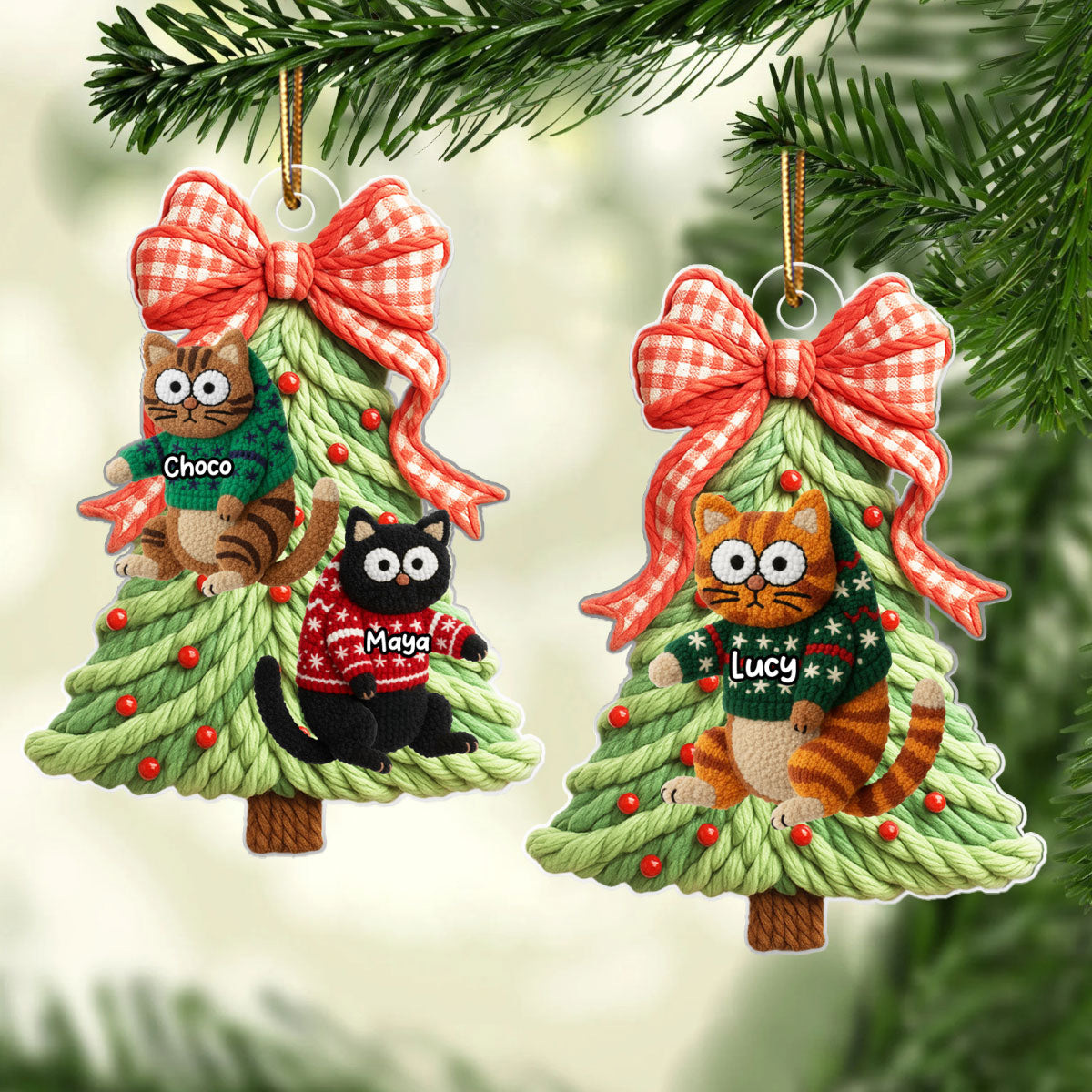 Cat Hanging on Christmas Tree Latch Hook Yarn Faux - Personalized Acrylic Ornament - Christmas Gift for Cat Lovers