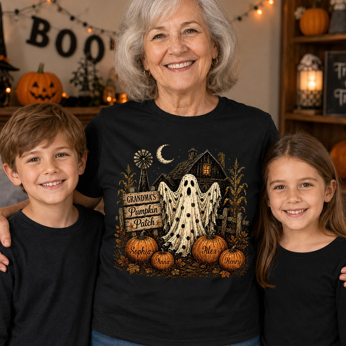 Grandma's Pumpkin Patch Haunted House - Personalized Shirt - Cozy Fall Halloween Tee for Grandma