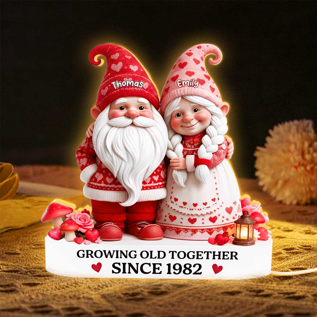 Eternal Love Nostalgia Valentine Gnome Couple Growing Old Together - Personalized Light Box - Heartfelt Valentine's Day Gift, Anniversary Gift For Couple, For Him, For Her