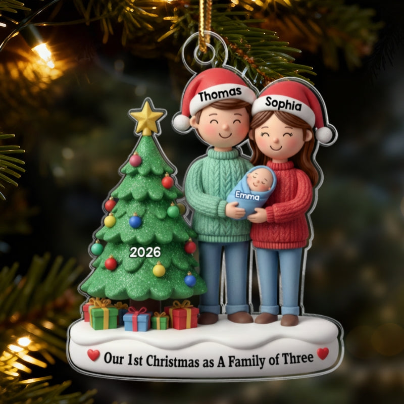 3D Effect First Christmas As Family Of Three Mom Dad & Baby By Tree - Personalized Acrylic Ornament