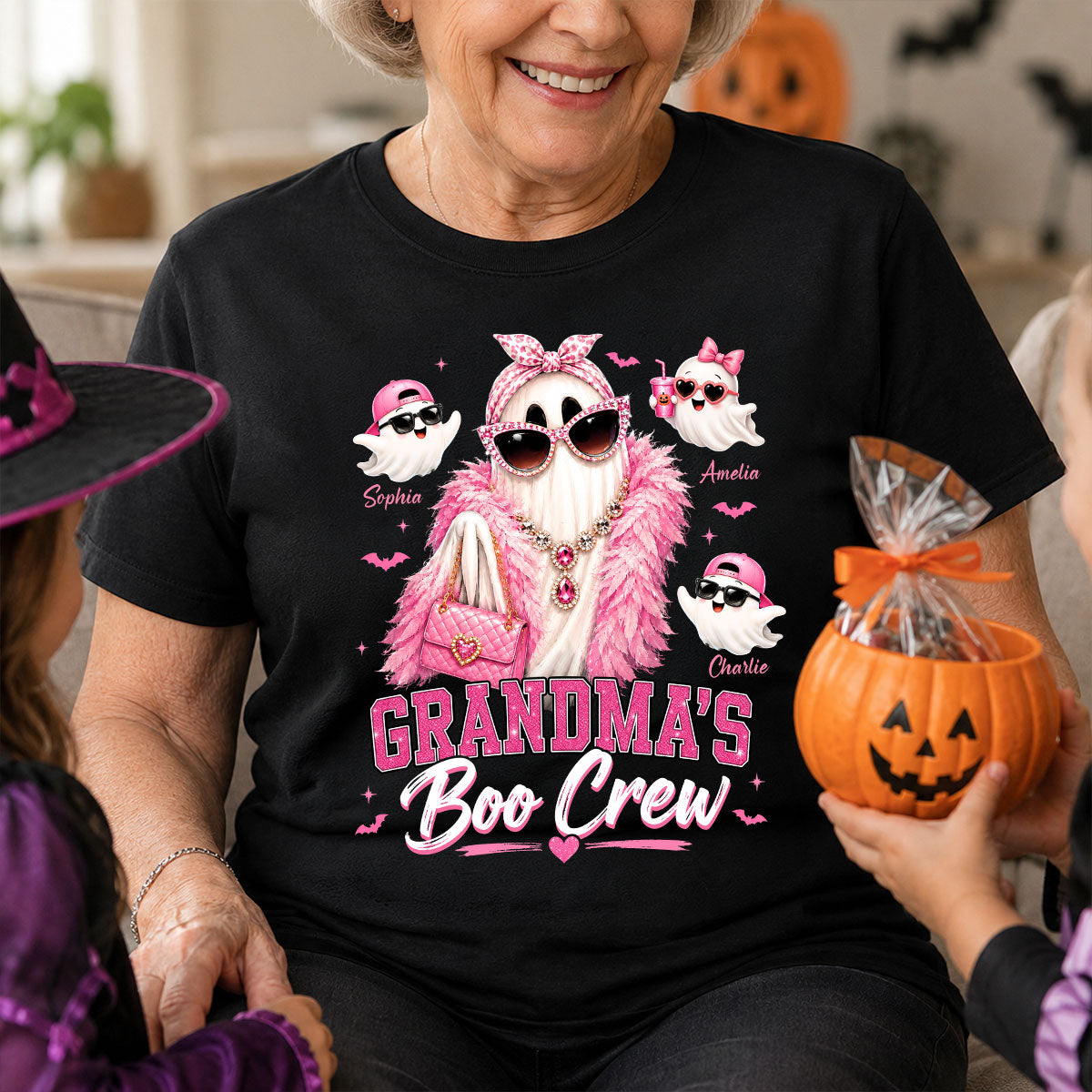 Grandma's Boo Crew Glam Ghost - Personalized Shirt - Halloween Gift for Grandma, Summerween