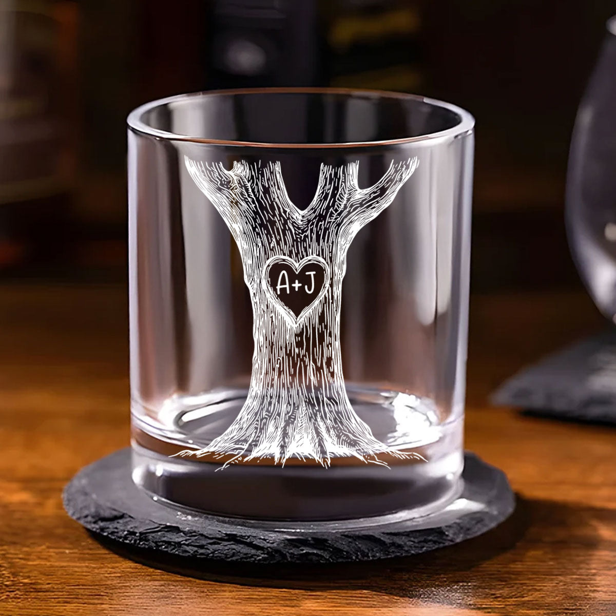 Couple Name Initials In A Heart Tree - Personalized Wine Glass - Valentine's Day, Anniversary, Engagement Gift