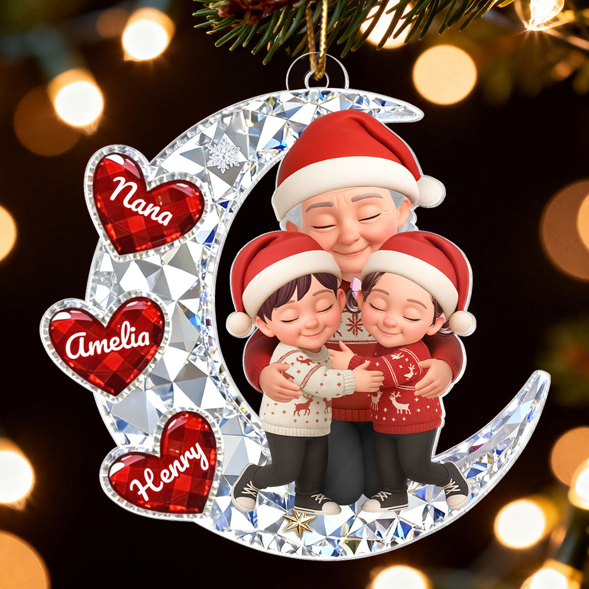 3D Crystal Effect Grandma Grandkid Hugging Moon Heart - Personalized Acrylic Ornament - Christmas Gift for Grandma, Grandkids