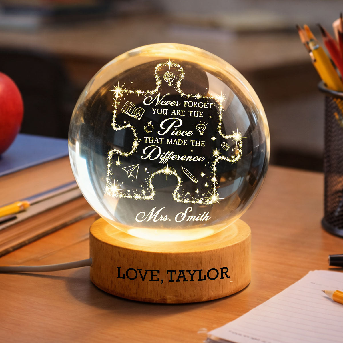 Never Forget The Difference You Make - Personalized Crystal Ball LED Night Light - Thank You Gift for Teacher, Teacher Appreciation Week Gift