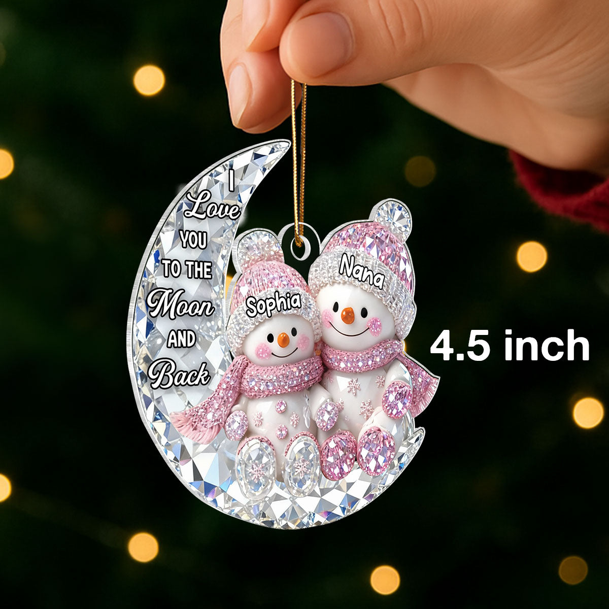 3D Crystal Effect Snowman Grandma Grandkid on Moon - Personalized Acrylic Ornament - Christmas Gift for Grandma, Grandkids