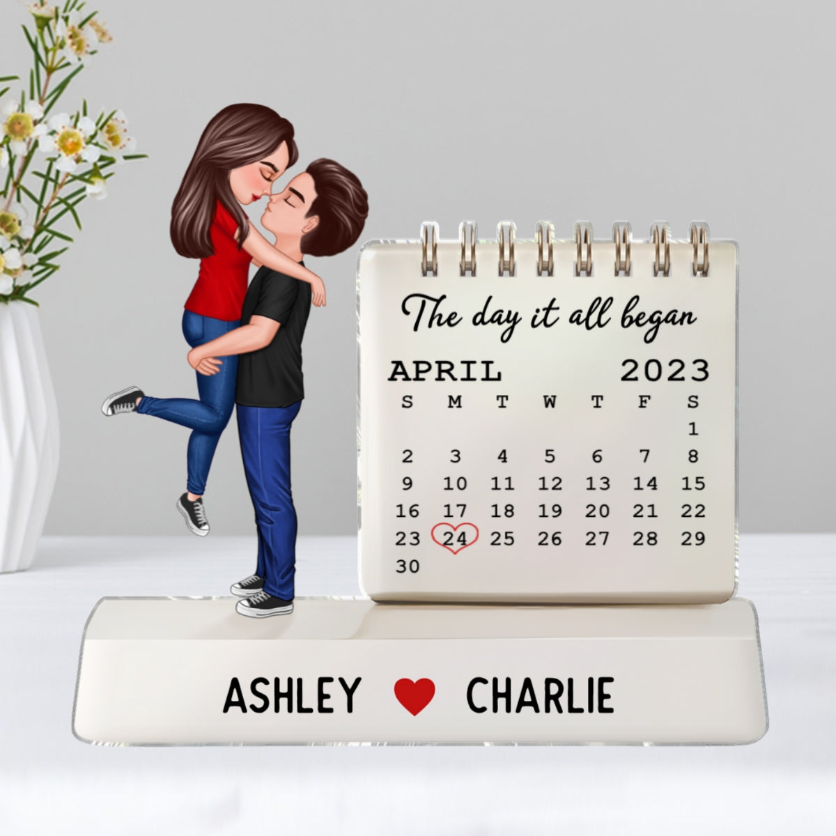 Couple Hugging Kissing The Day Our Story Began Couple Anniversary Calendar 2D Flat - Personalized Acrylic Block Plaque